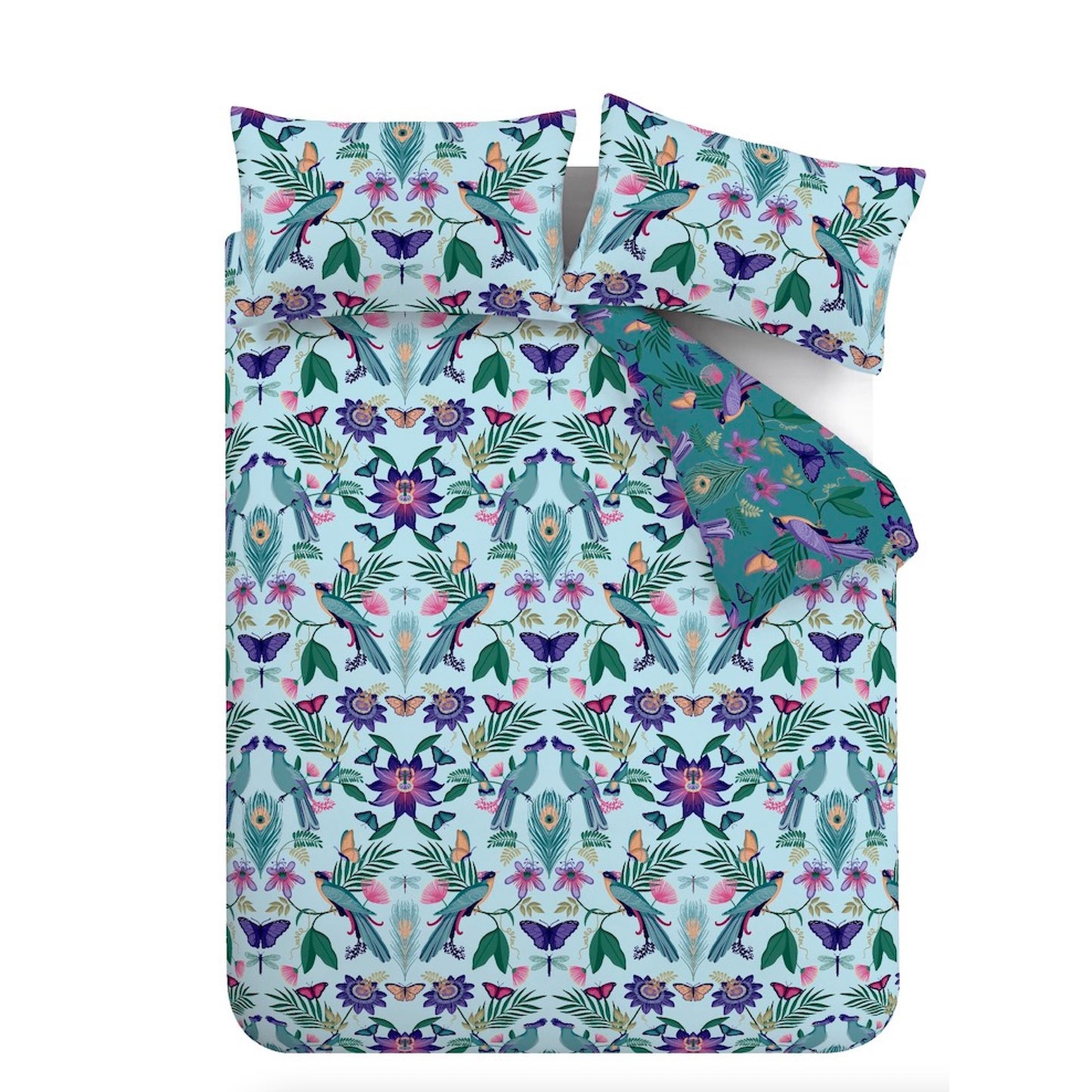 Mya Tropical Reversible Duvet Cover Set in Duck Egg Blue by Catherine Lansfield