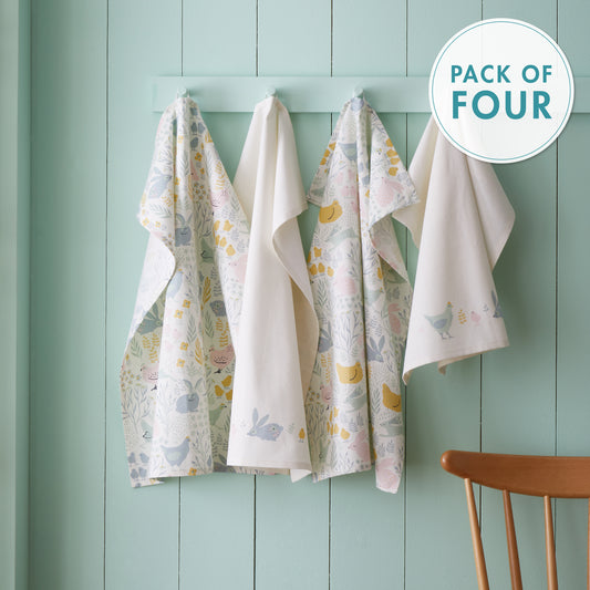 Cottage Friends Cotton Kitchen Tea Towel,  Pack of 4 in Natural By Catherine Lansfield
