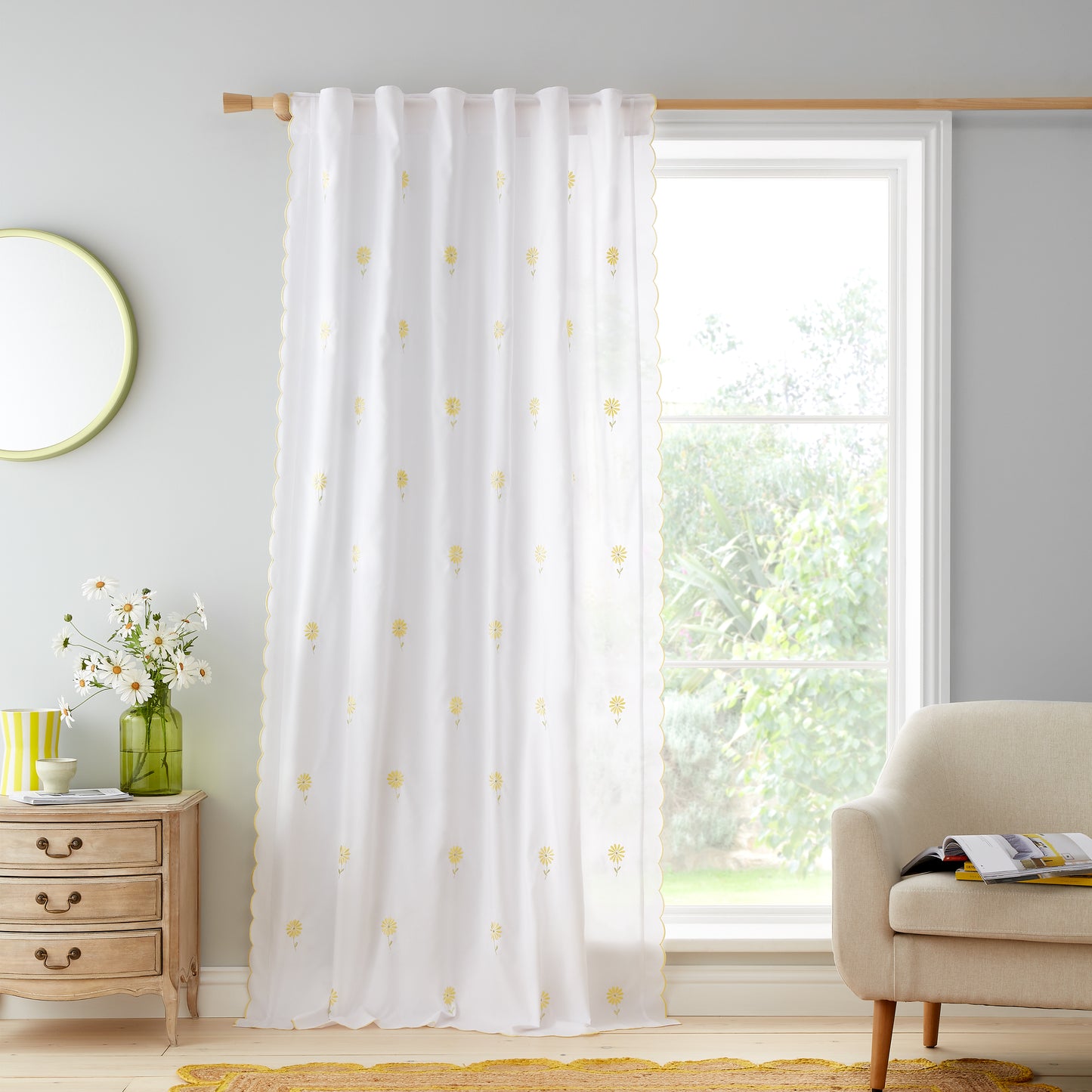 Lorna Embroidered Daisy Slot Top Voile Curtain Panel in White