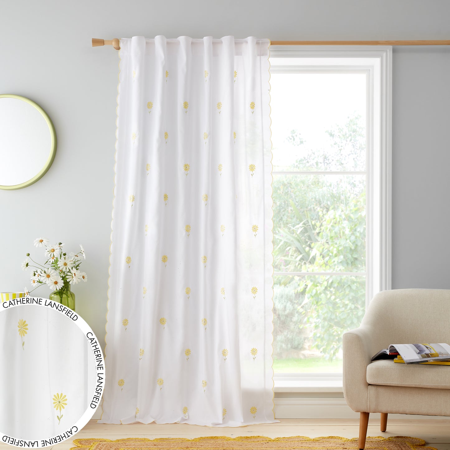 Lorna Embroidered Daisy Slot Top Voile Curtain Panel in White