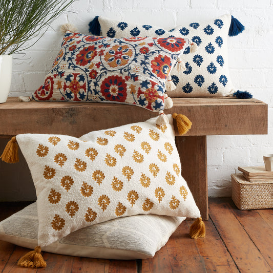 Raya Tassle Filled Cushion by Pineapple Elephant in Blue and Ochre