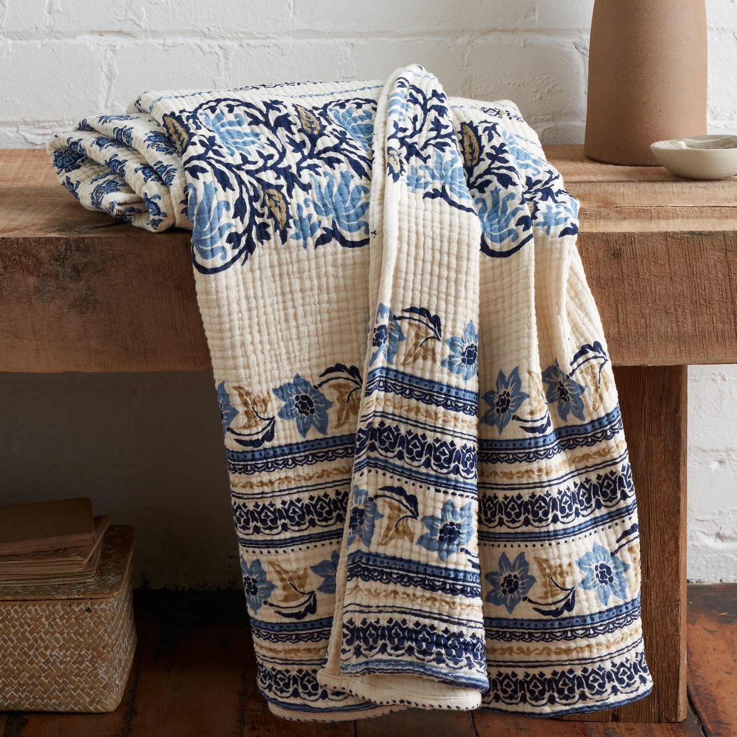 Ines Matelasse Throw by Pineapple Elephant in Blue and Ochre