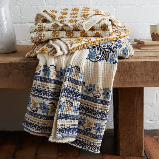 Ines Matelasse Throw by Pineapple Elephant in Blue and Ochre