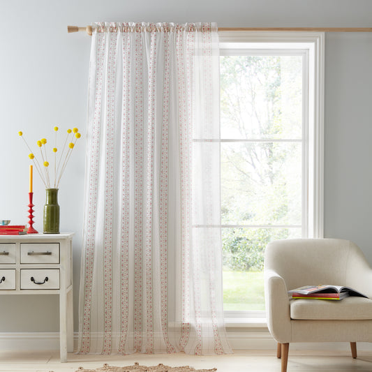 Floral Stripe Slot Top Voile Curtain Panel in White