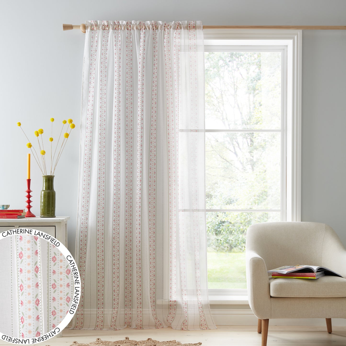 Floral Stripe Slot Top Voile Curtain Panel in White