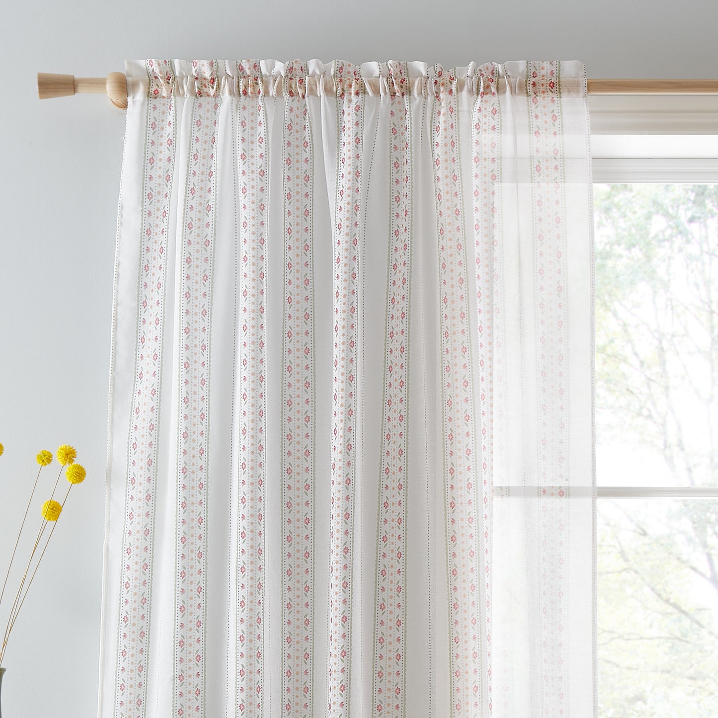 Floral Stripe Slot Top Voile Curtain Panel in White