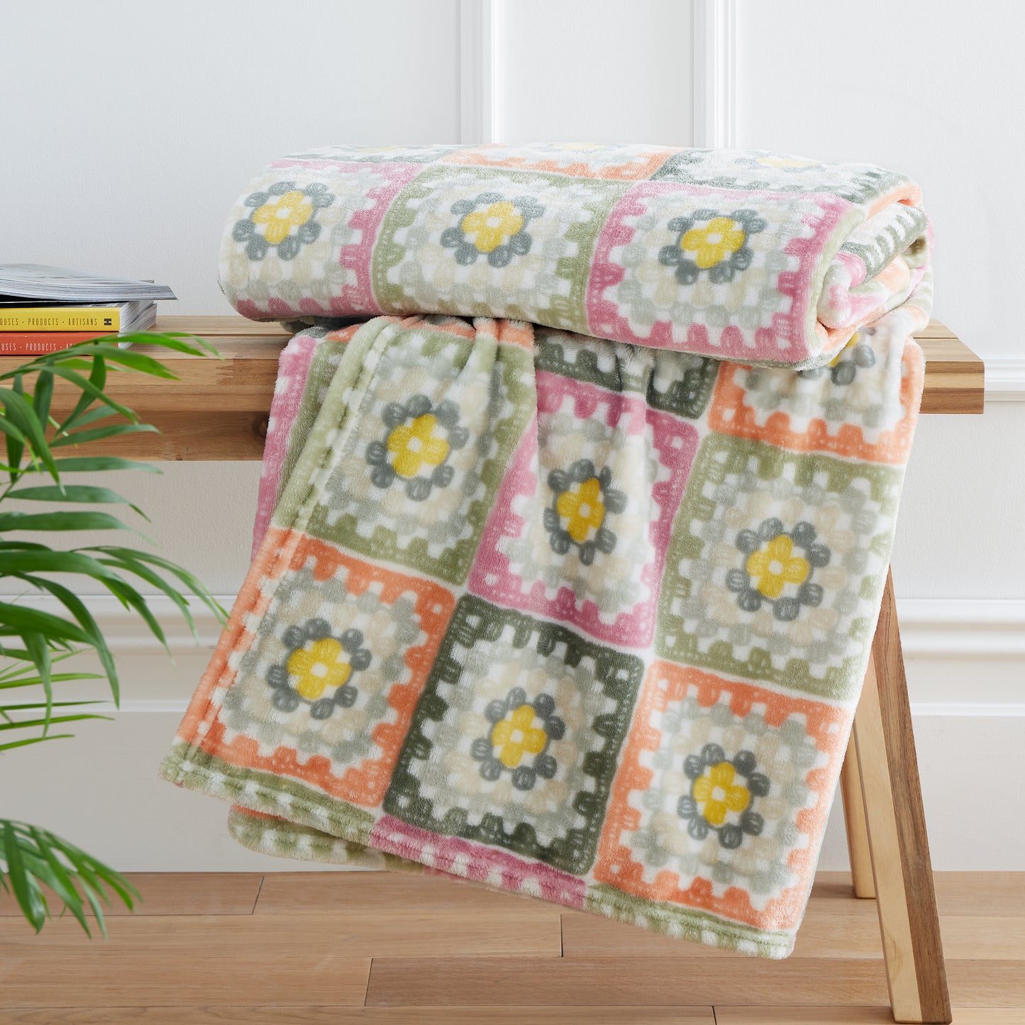 Crochet Print Cosy Blanket Throw in Green