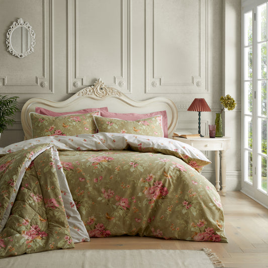 Penelope Floral Reversible Duvet Cover Set in Green - Bridgerton By Catherine Lansfield