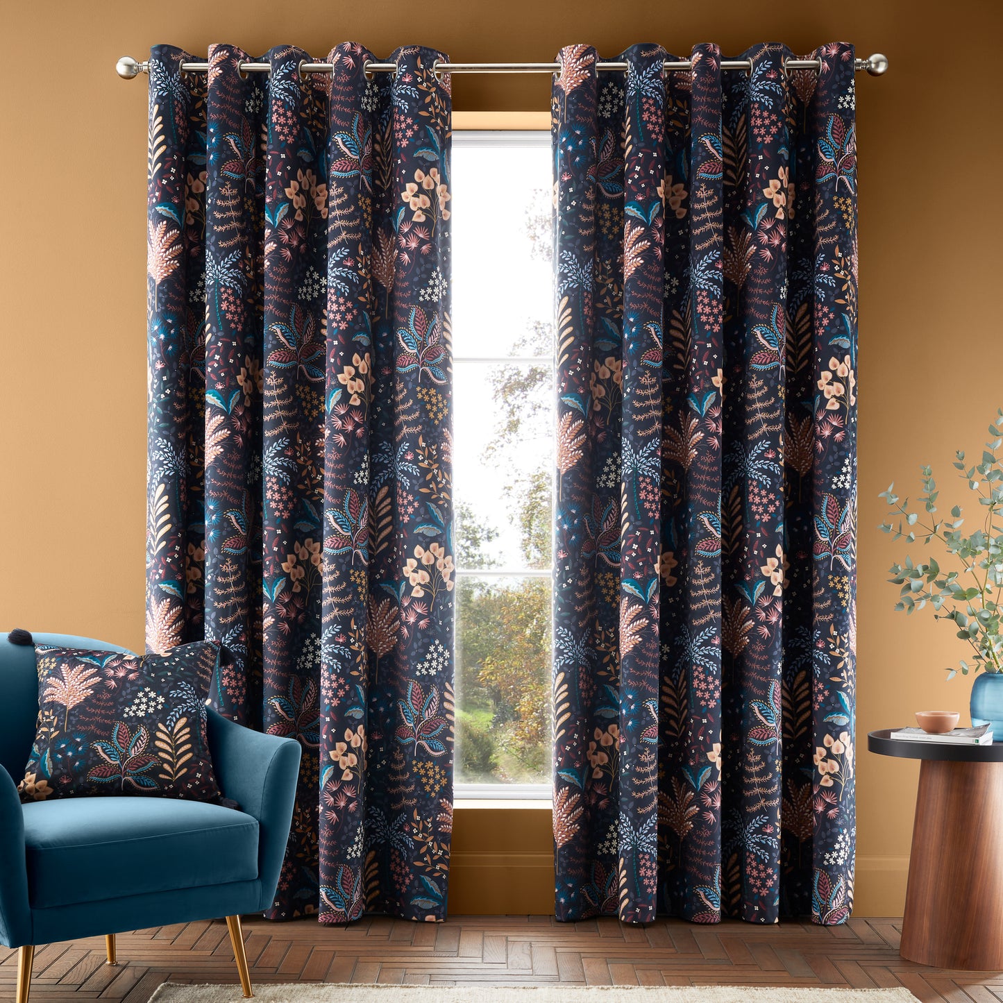 Exotic Leaves Soft Recycled Polyester Velour Eyelet Curtains in Black by Catherine Lansfield