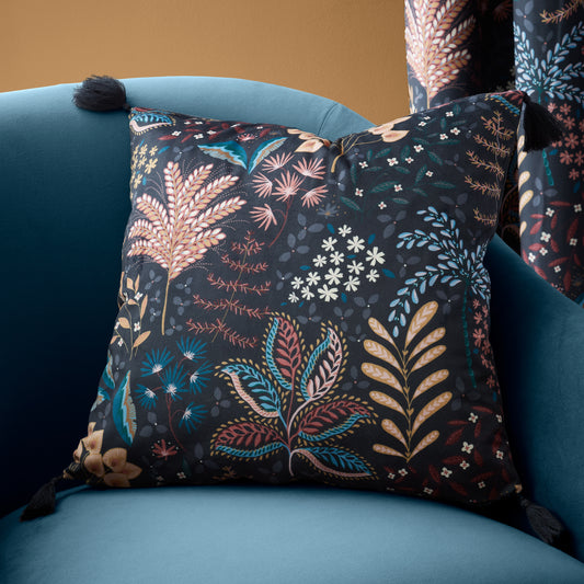 Exotic Leaves Soft Recycled Polyester Velour Cushion in Black by Catherine Lansfield