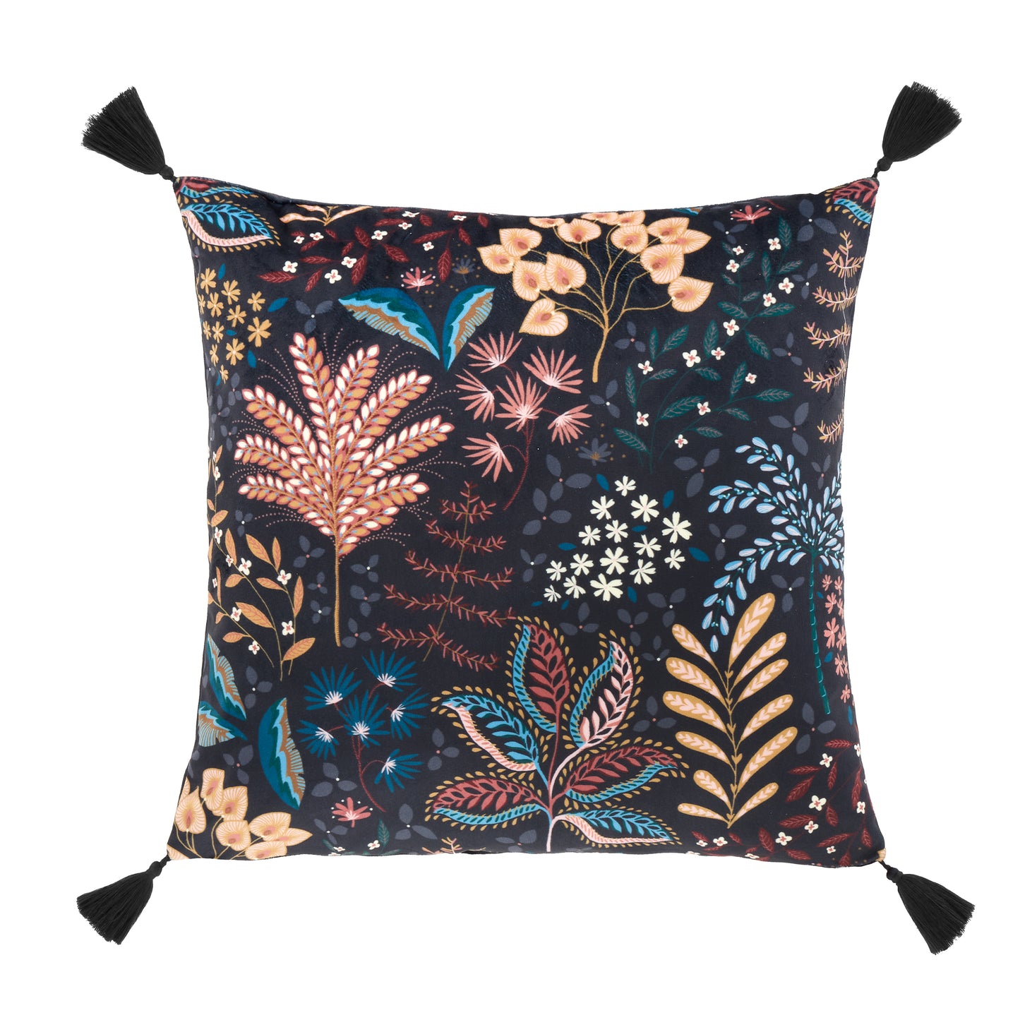 Exotic Leaves Soft Recycled Polyester Velour Cushion in Black by Catherine Lansfield