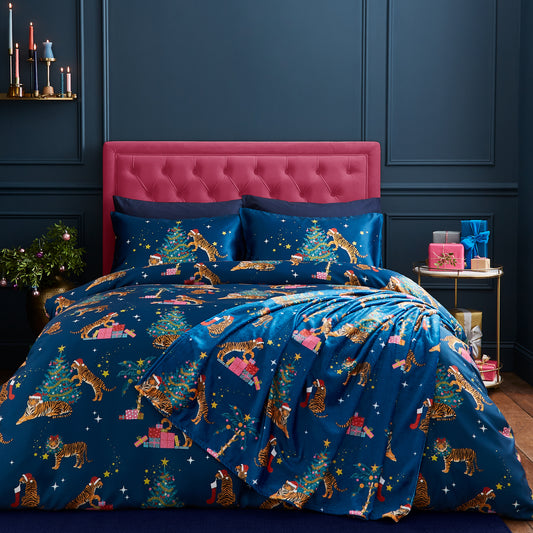 Christmas Tiger Soft Satin Reversible Duvet Cover Set in Navy Blue by Catherine Lansfield