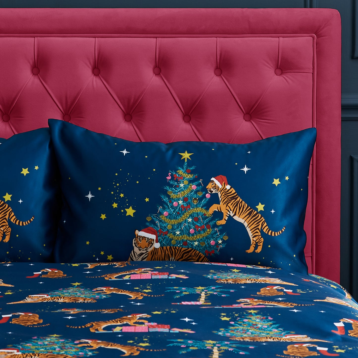 Christmas Tiger Soft Satin Reversible Duvet Cover Set in Navy Blue by Catherine Lansfield