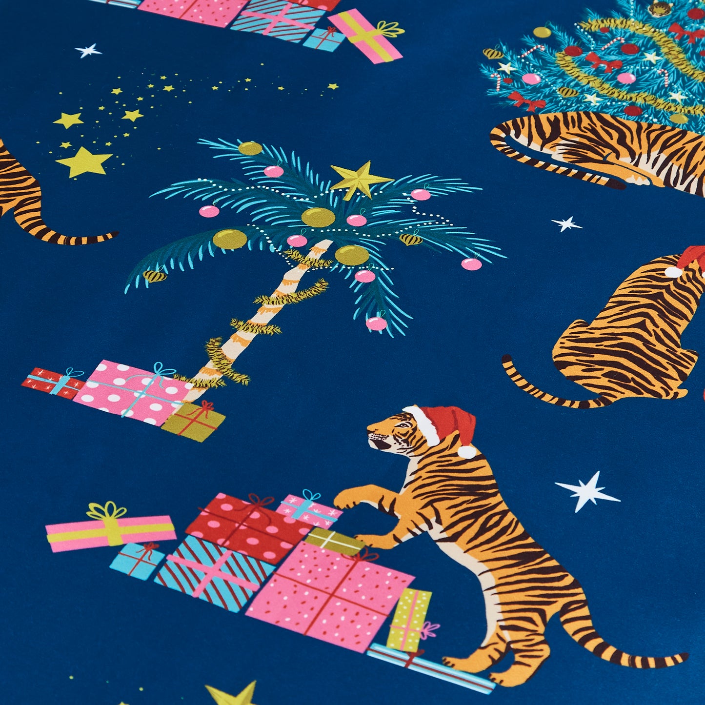 Christmas Tiger Soft Satin Reversible Duvet Cover Set in Navy Blue by Catherine Lansfield