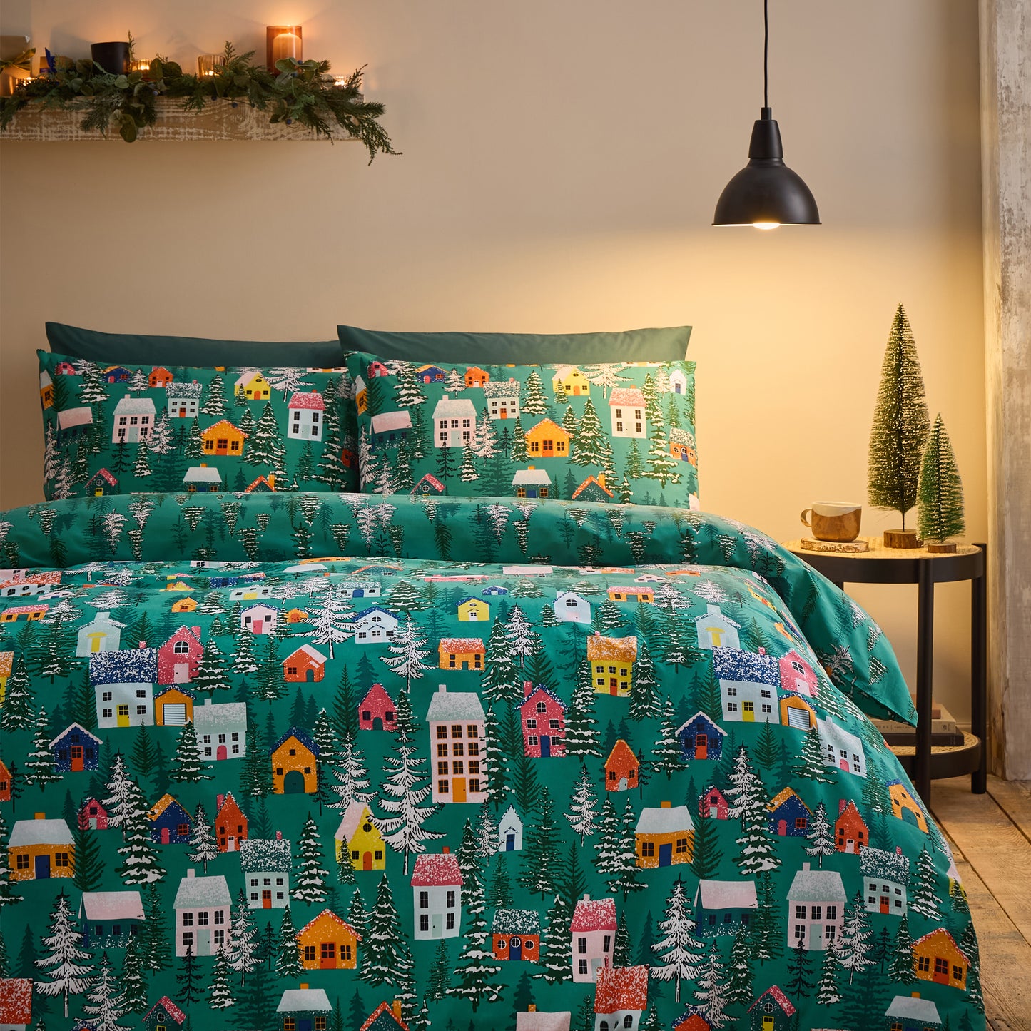 Christmas Festive Forest Reversible Duvet Cover Set in Green by Catherine Lansfield