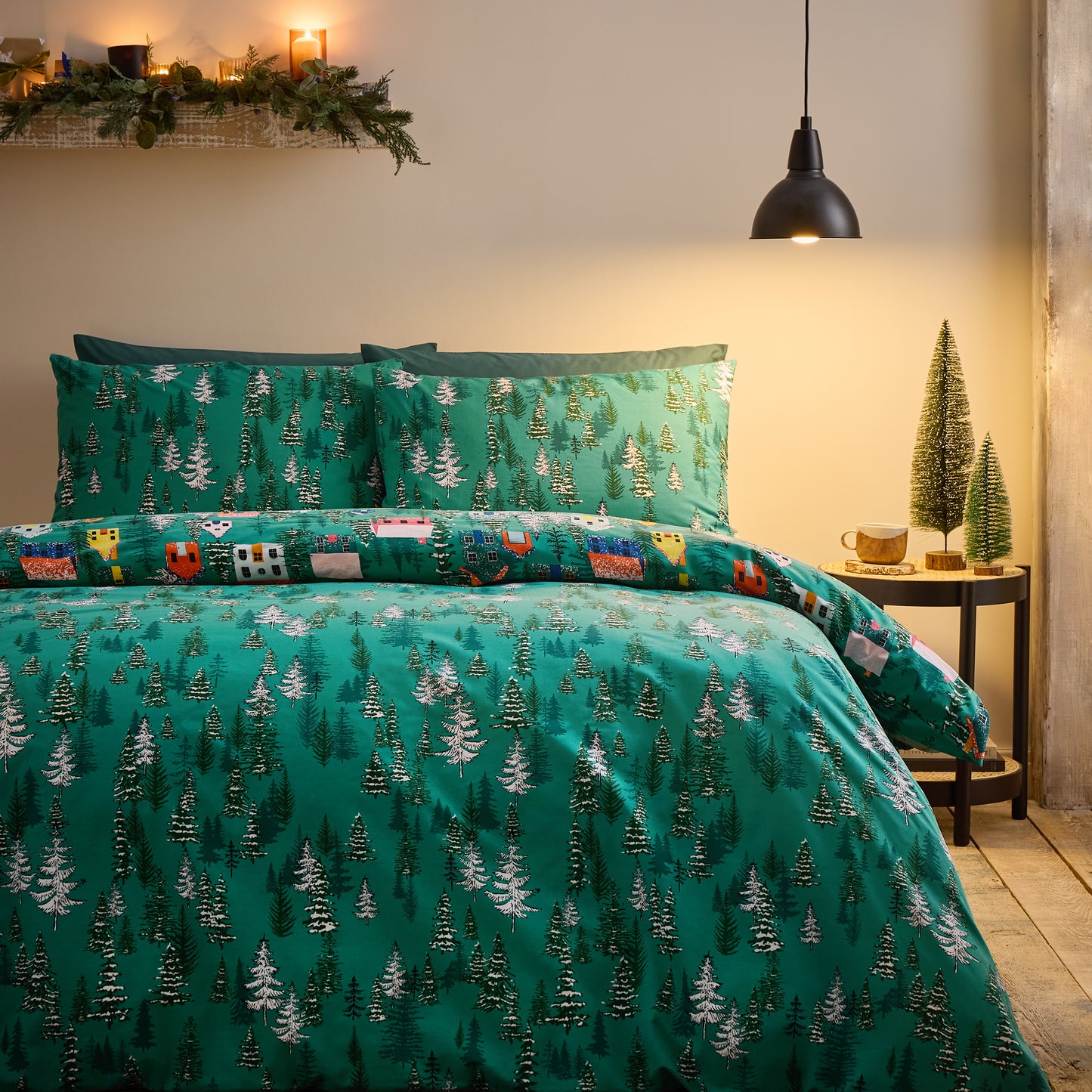 Christmas Festive Forest Reversible Duvet Cover Set in Green by Catherine Lansfield