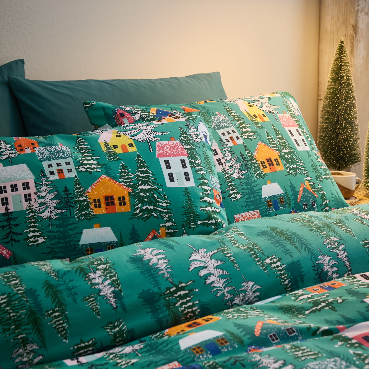 Christmas Festive Forest Reversible Duvet Cover Set in Green by Catherine Lansfield