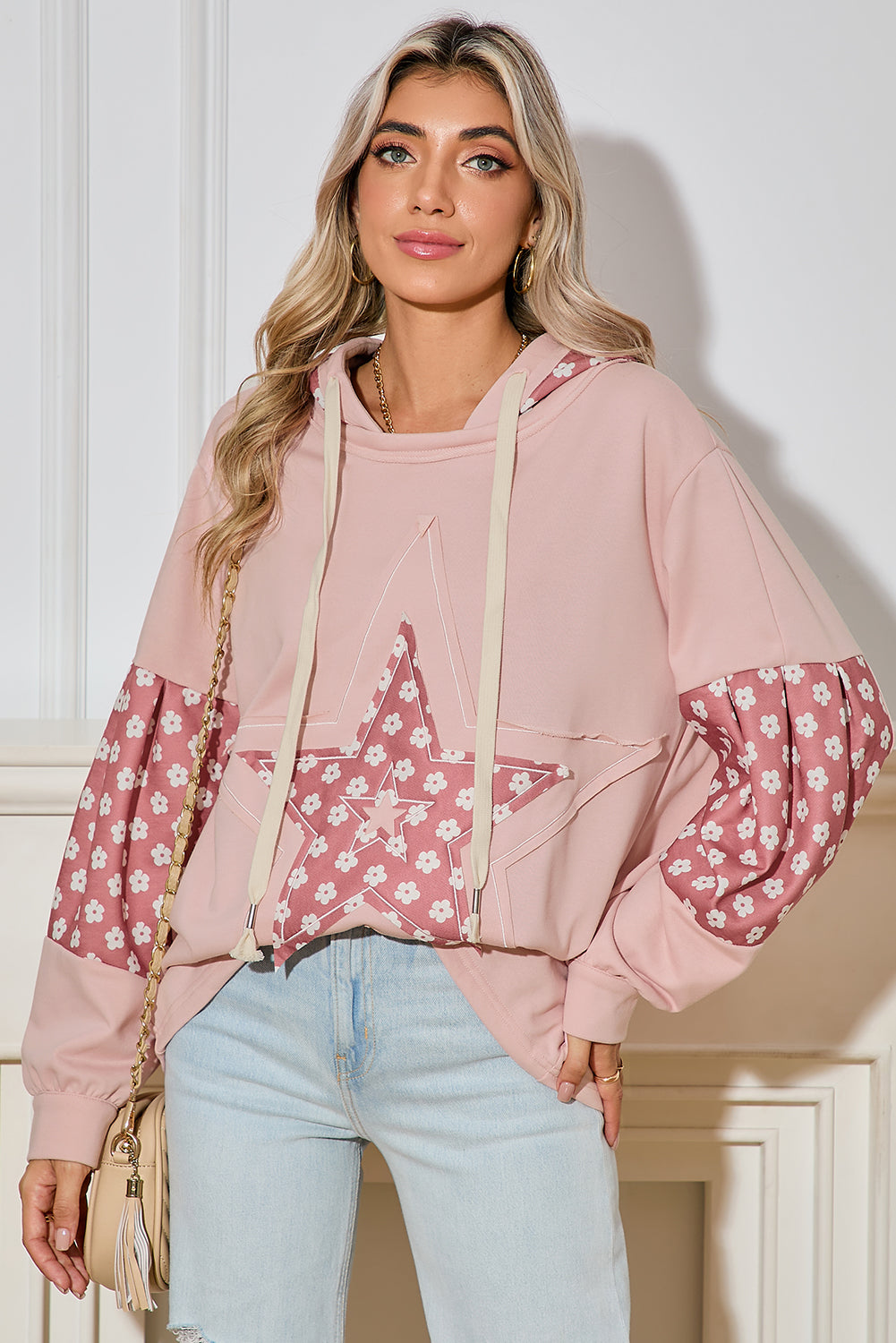 Floral Patchwork Star Pattern Drawstring Hoodie