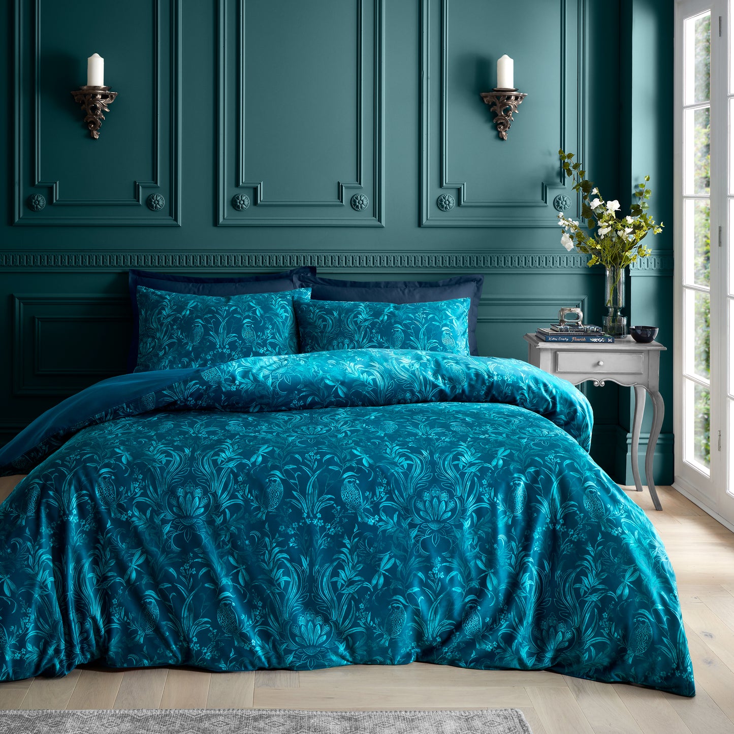 Regal Birds Soft Velvet Duvet Cover Set in Teal Green - Bridgerton By Catherine Lansfield