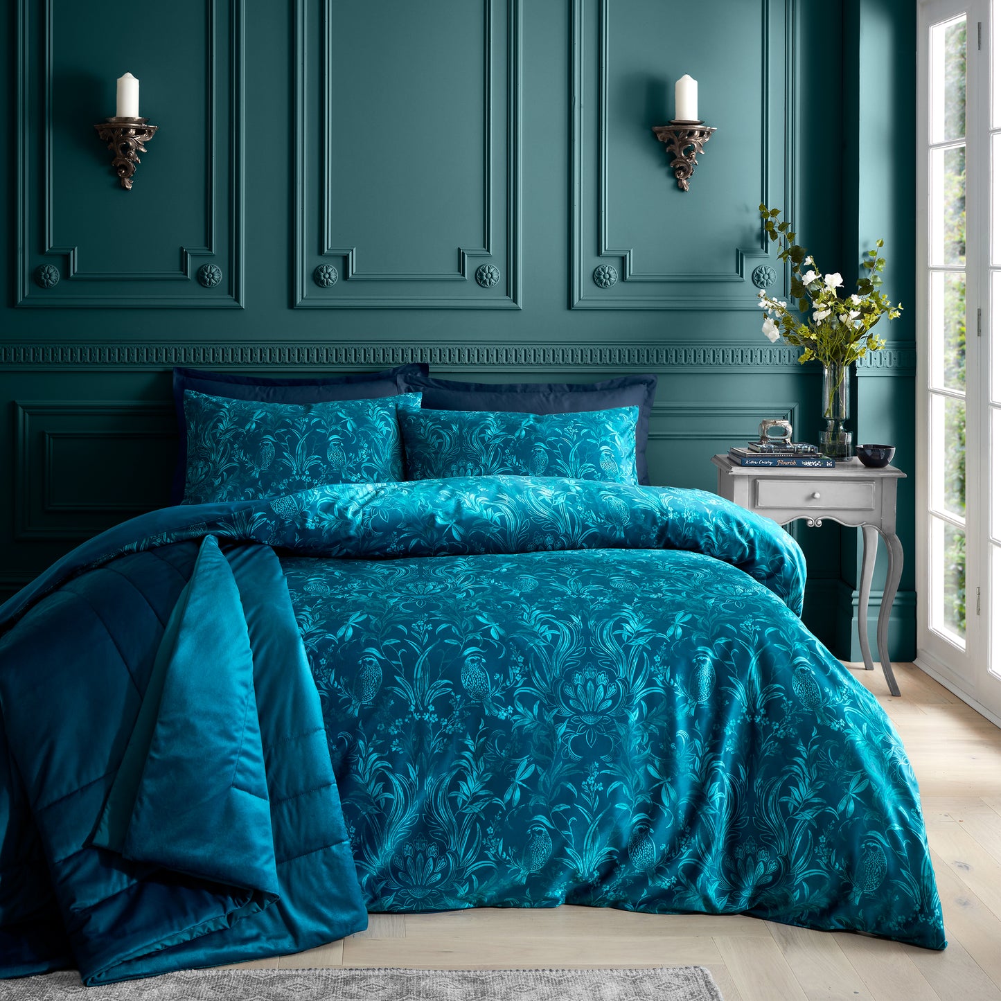 Regal Birds Soft Velvet Duvet Cover Set in Teal Green - Bridgerton By Catherine Lansfield