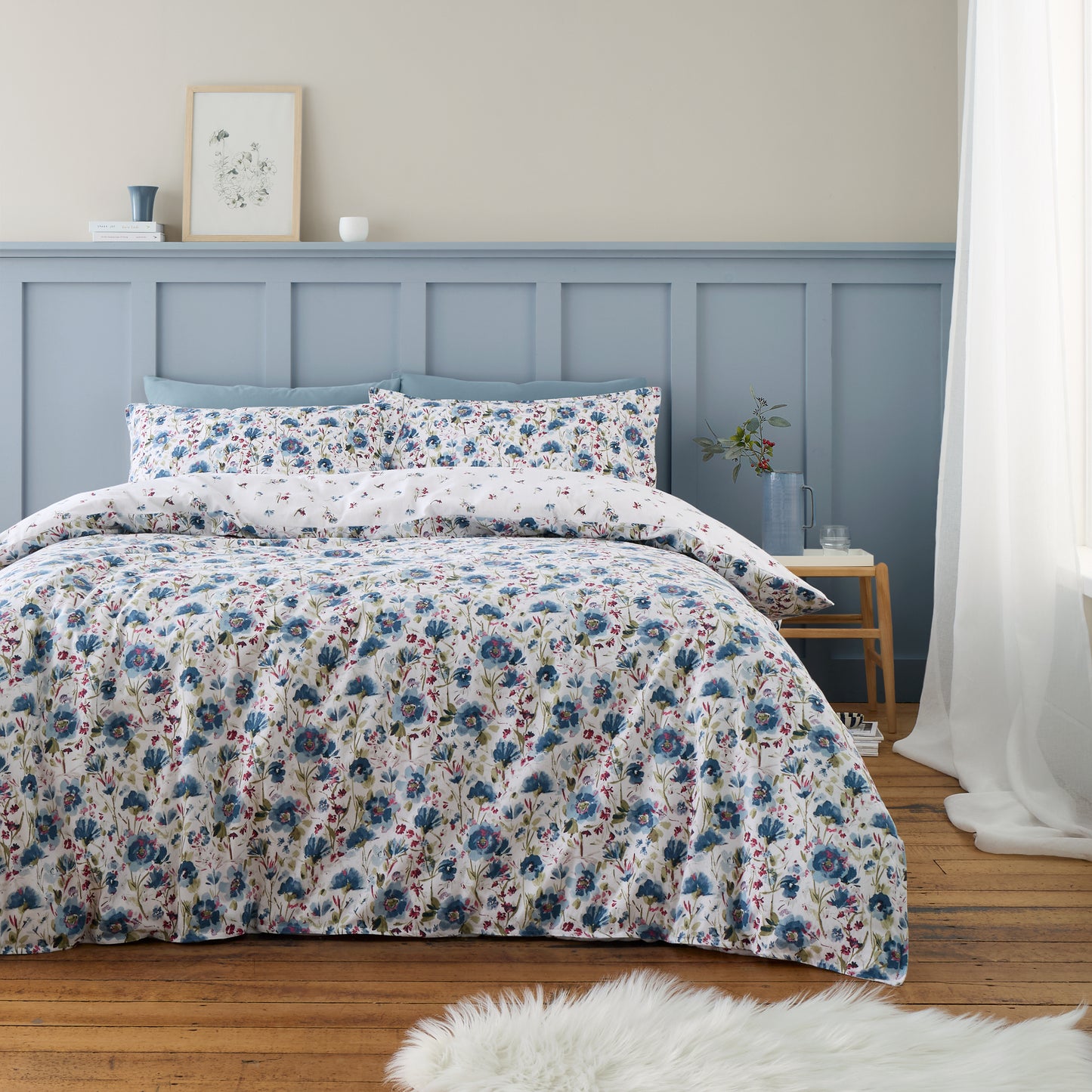 Brushed Cotton Ophelia Floral Reversible Duvet Cover Set in Blue by Bianca