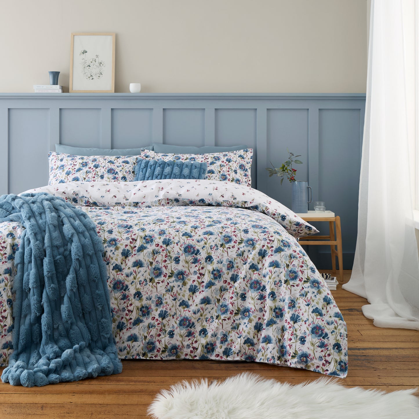 Brushed Cotton Ophelia Floral Reversible Duvet Cover Set in Blue by Bianca