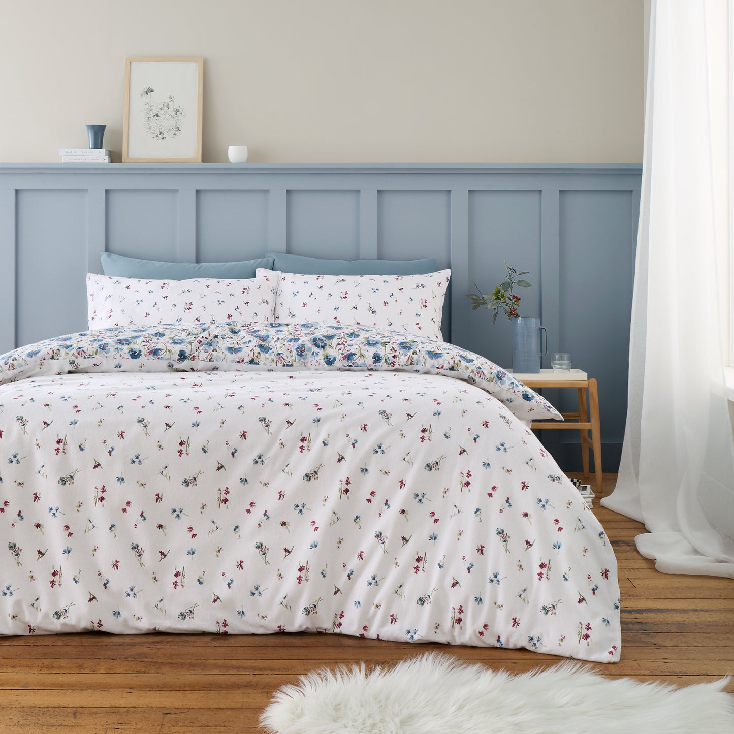 Brushed Cotton Ophelia Floral Reversible Duvet Cover Set in Blue by Bianca