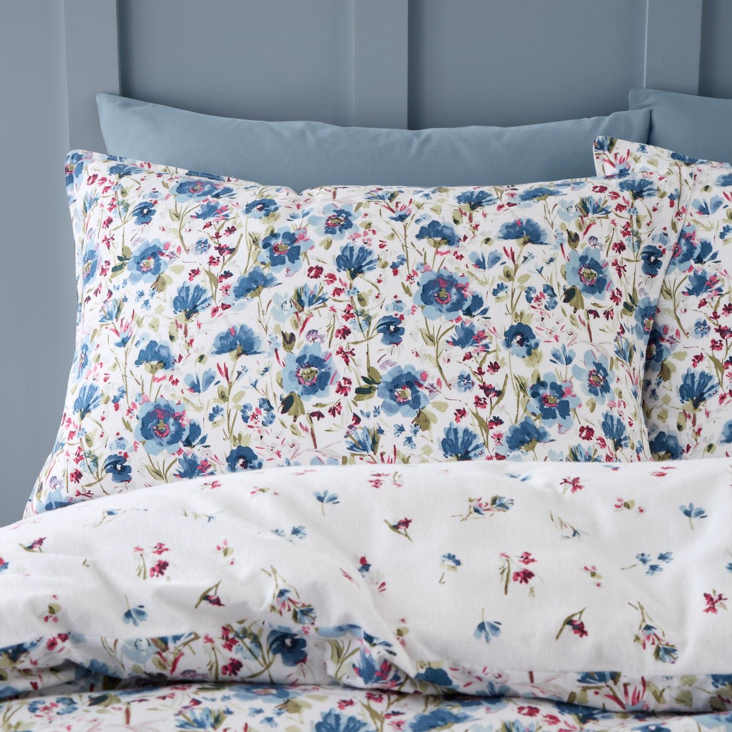 Brushed Cotton Ophelia Floral Reversible Duvet Cover Set in Blue by Bianca