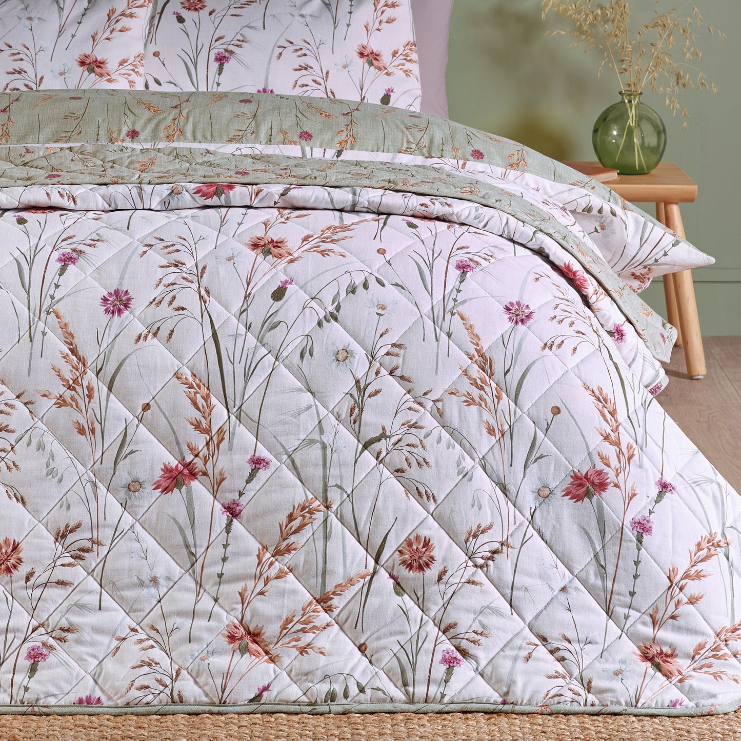 Catherine Lansfield Green Brushed Grasmere Floral Cotton Reversible Quilted Bedspread