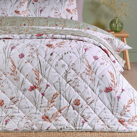 Catherine Lansfield Green Brushed Grasmere Floral Cotton Reversible Quilted Bedspread