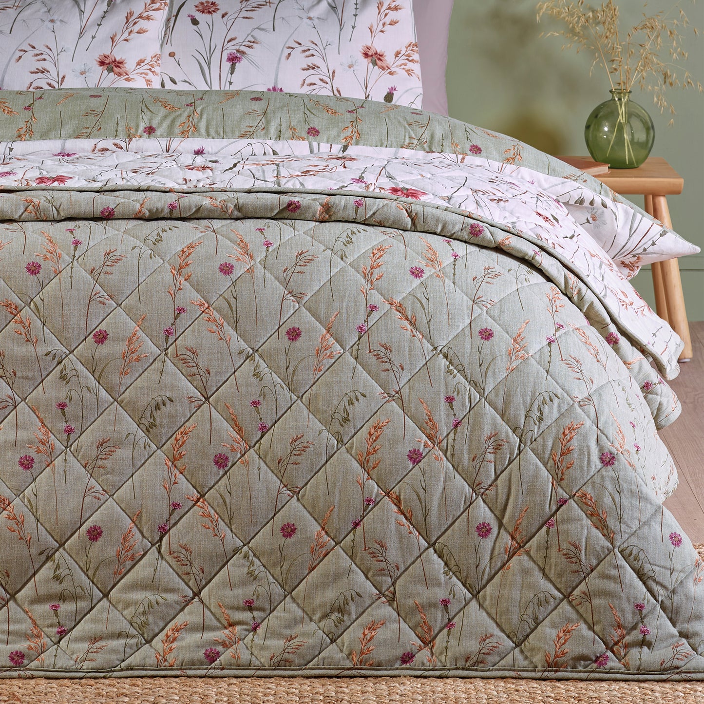 Catherine Lansfield Green Brushed Grasmere Floral Cotton Reversible Quilted Bedspread