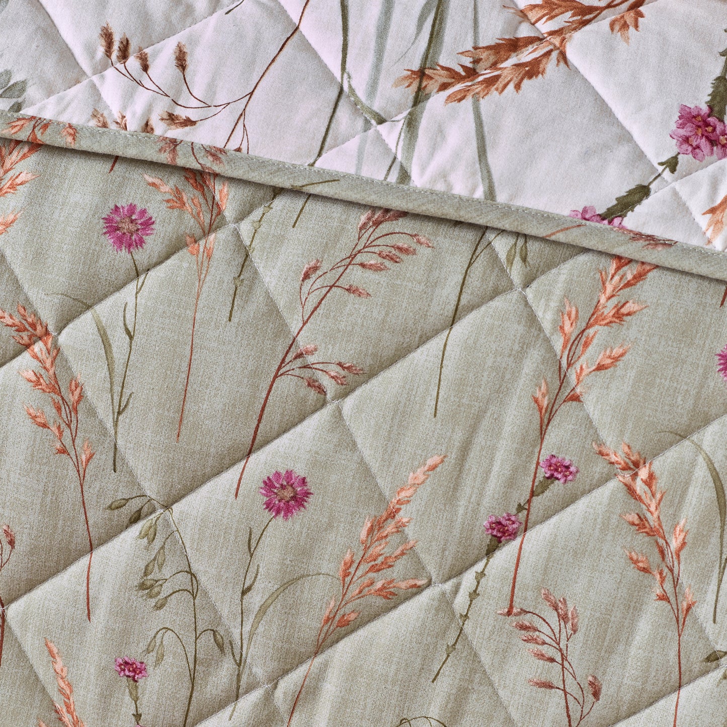 Catherine Lansfield Green Brushed Grasmere Floral Cotton Reversible Quilted Bedspread