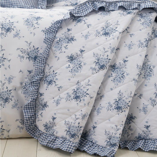 Lucie Floral Frill Fully Reversible Bedspread in White Blue by Catherine Lansfield