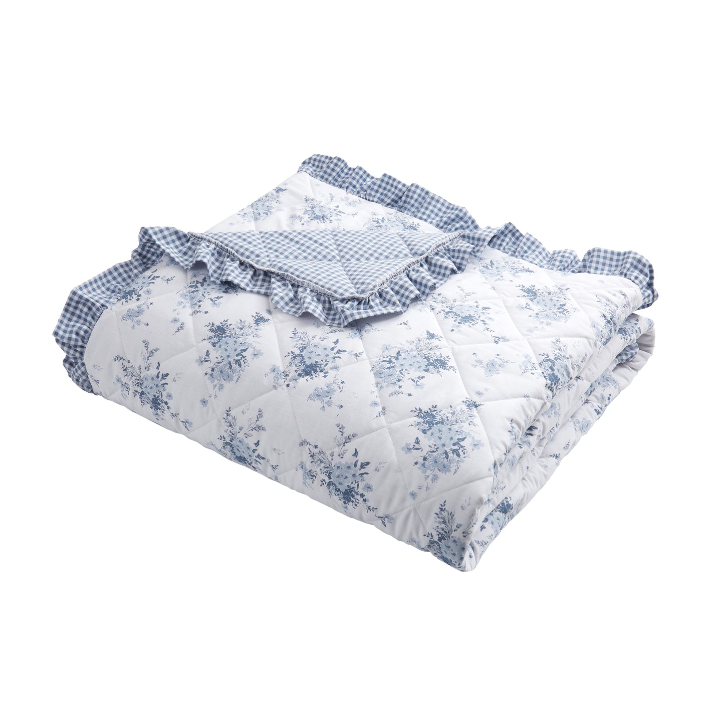 Lucie Floral Frill Fully Reversible Bedspread in White Blue by Catherine Lansfield