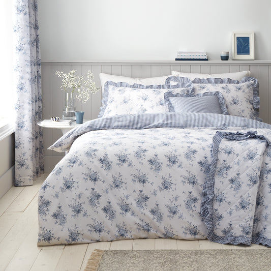 Lucie Floral Frill Reversible Duvet Cover Set in White Blue by Catherine Lansfield