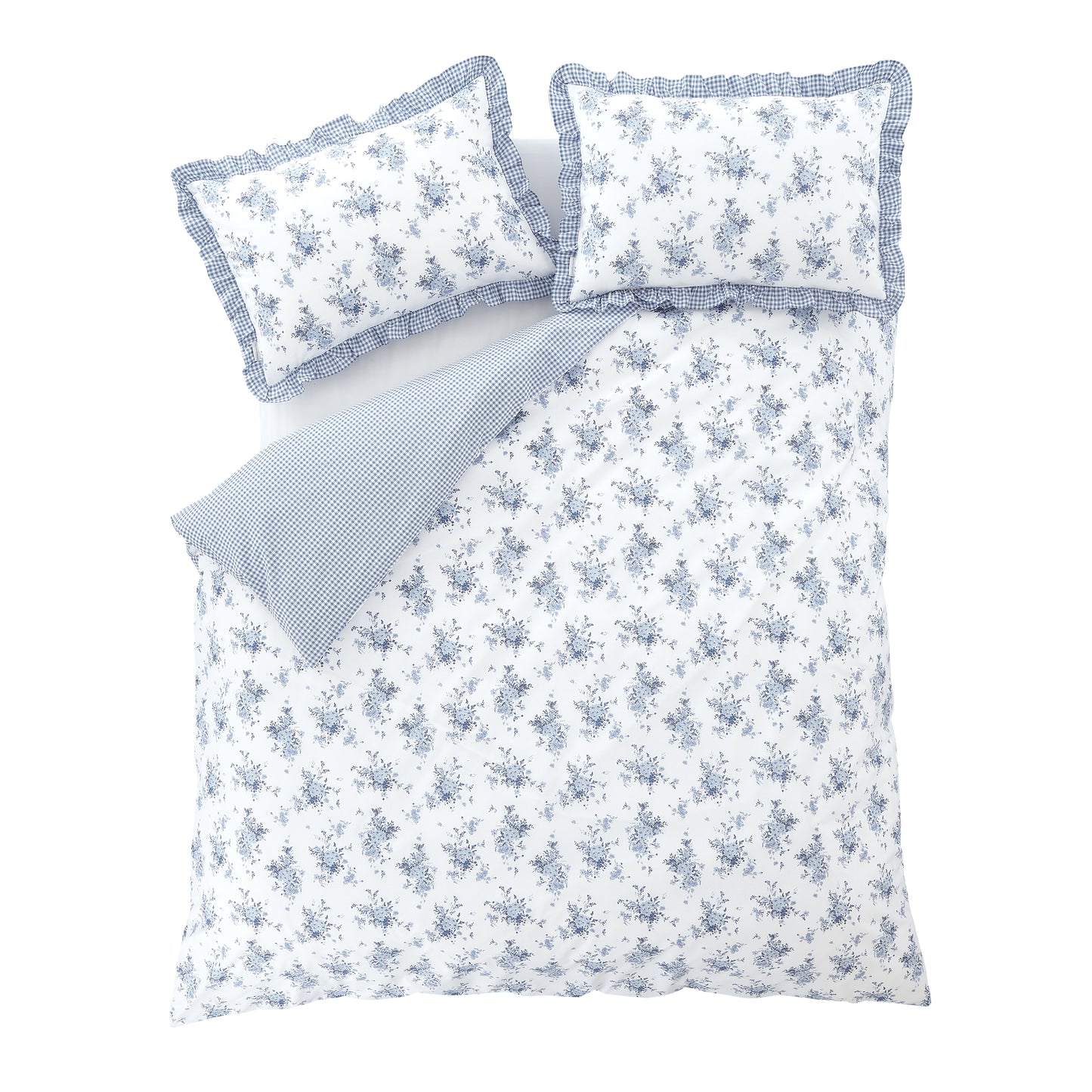 Lucie Floral Frill Reversible Duvet Cover Set in White Blue by Catherine Lansfield