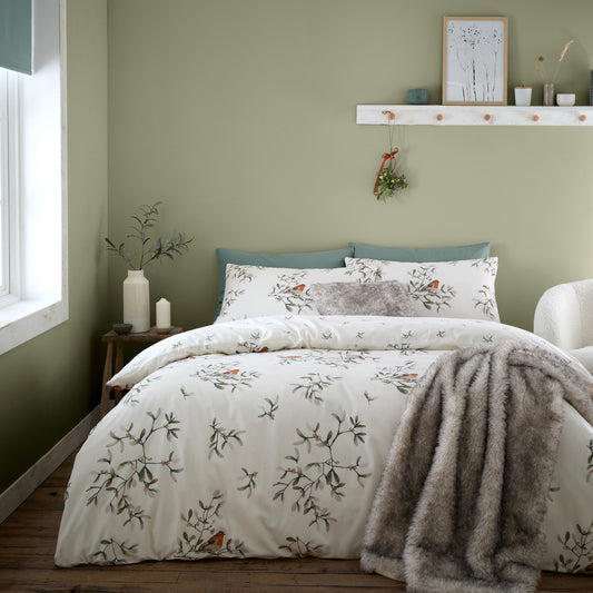 Brushed Mistletoe Robins Cotton Reversible Duvet Cover Set in Cream by Catherine Lansfield