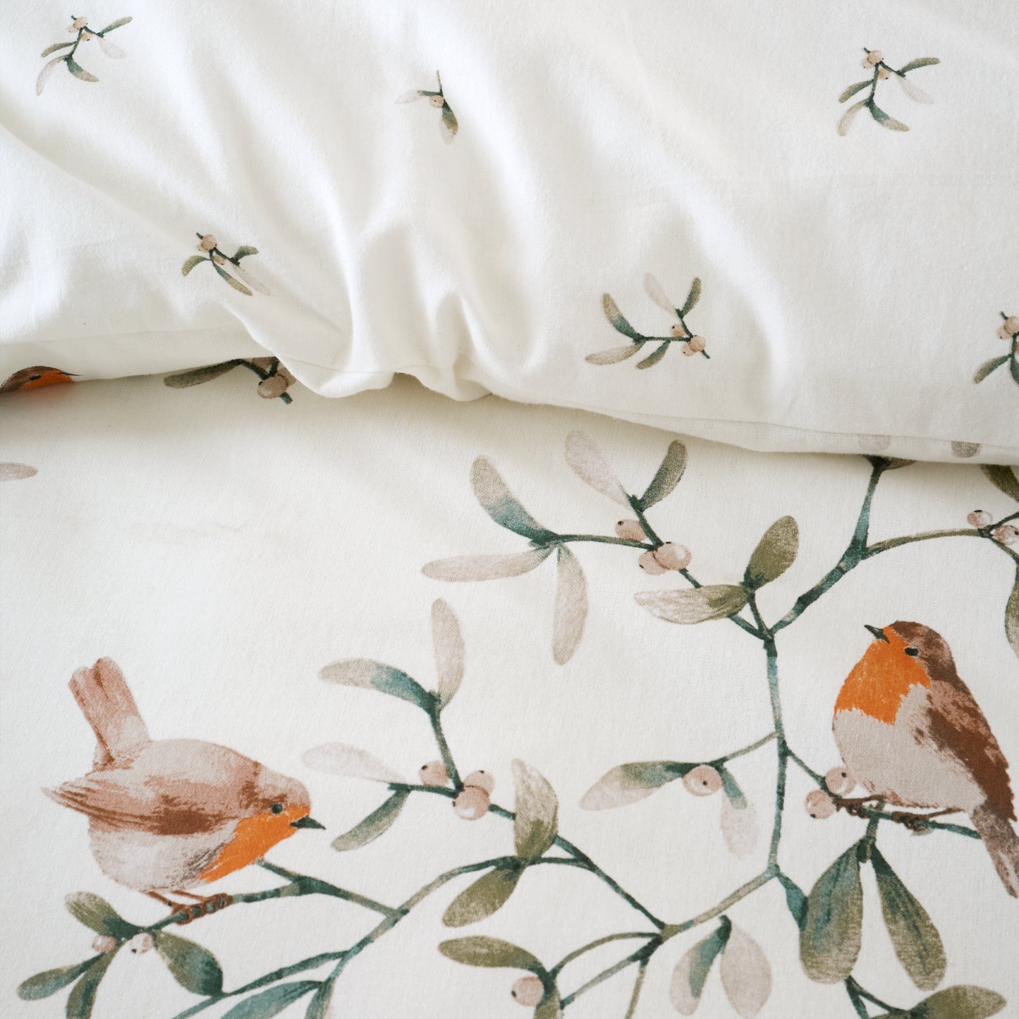 Brushed Mistletoe Robins Cotton Reversible Duvet Cover Set in Cream by Catherine Lansfield