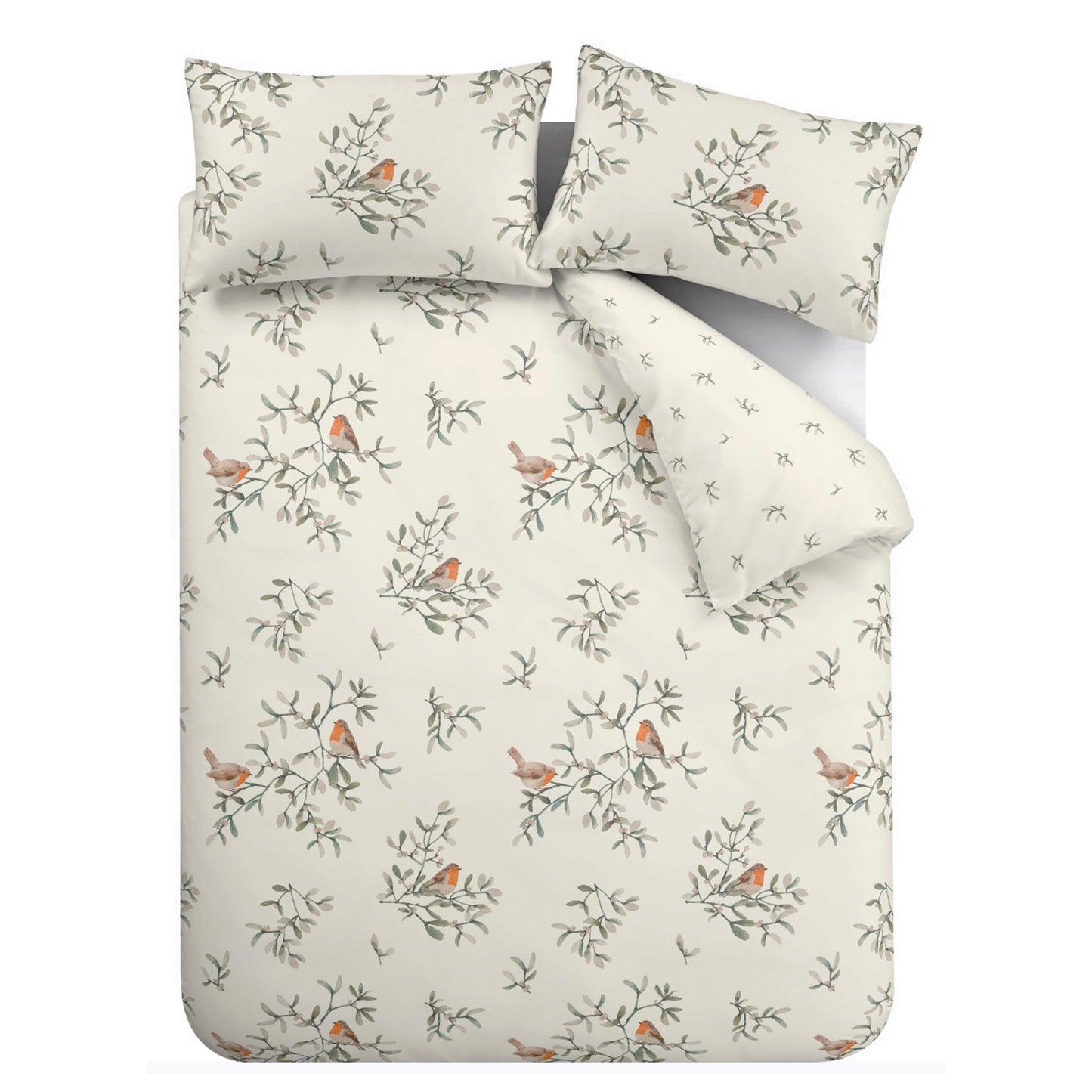 Brushed Mistletoe Robins Cotton Reversible Duvet Cover Set in Cream by Catherine Lansfield