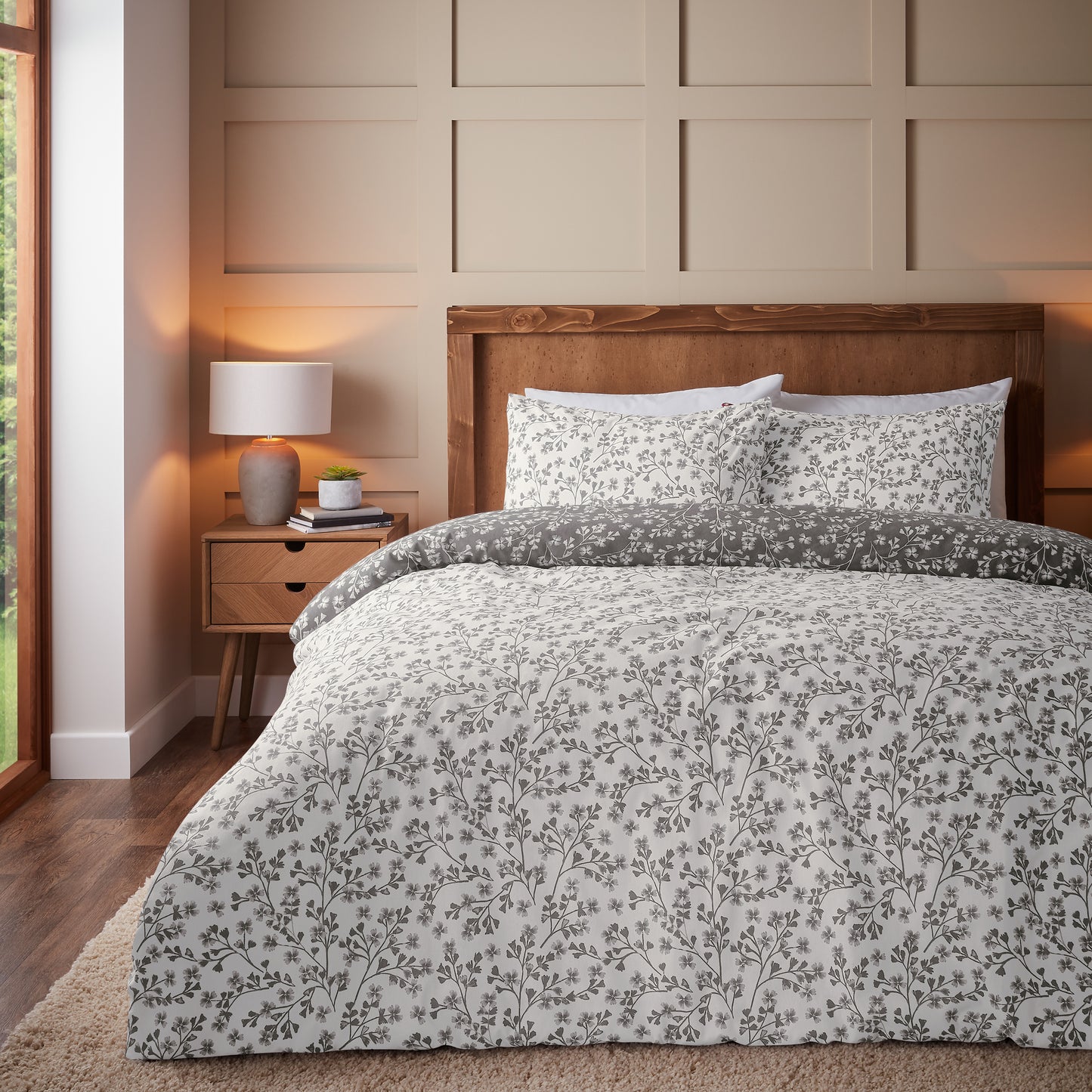 Brushed Grace Floral Leaf Cotton Reversible Duvet Cover Set in Grey by Catherine Lansfield