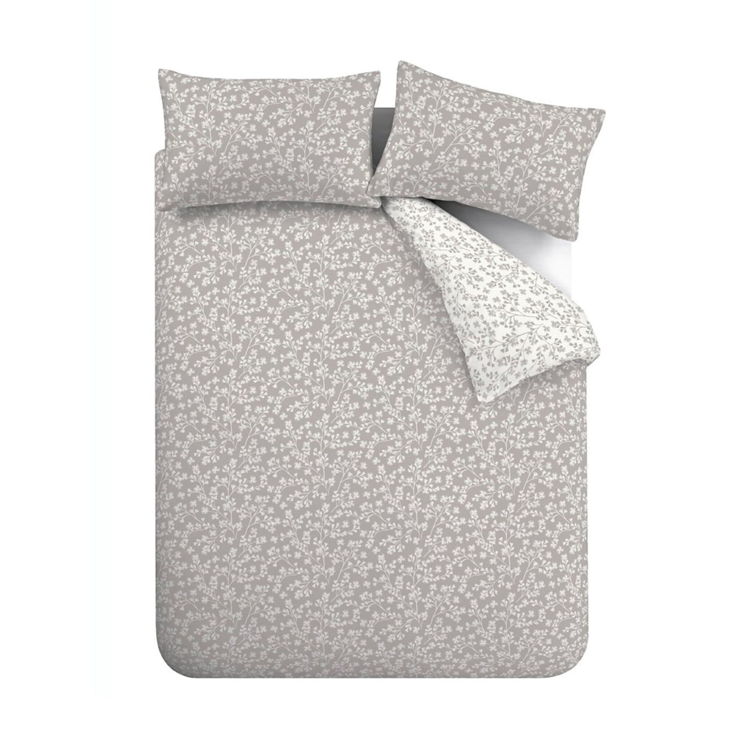 Brushed Grace Floral Leaf Cotton Reversible Duvet Cover Set in Grey by Catherine Lansfield