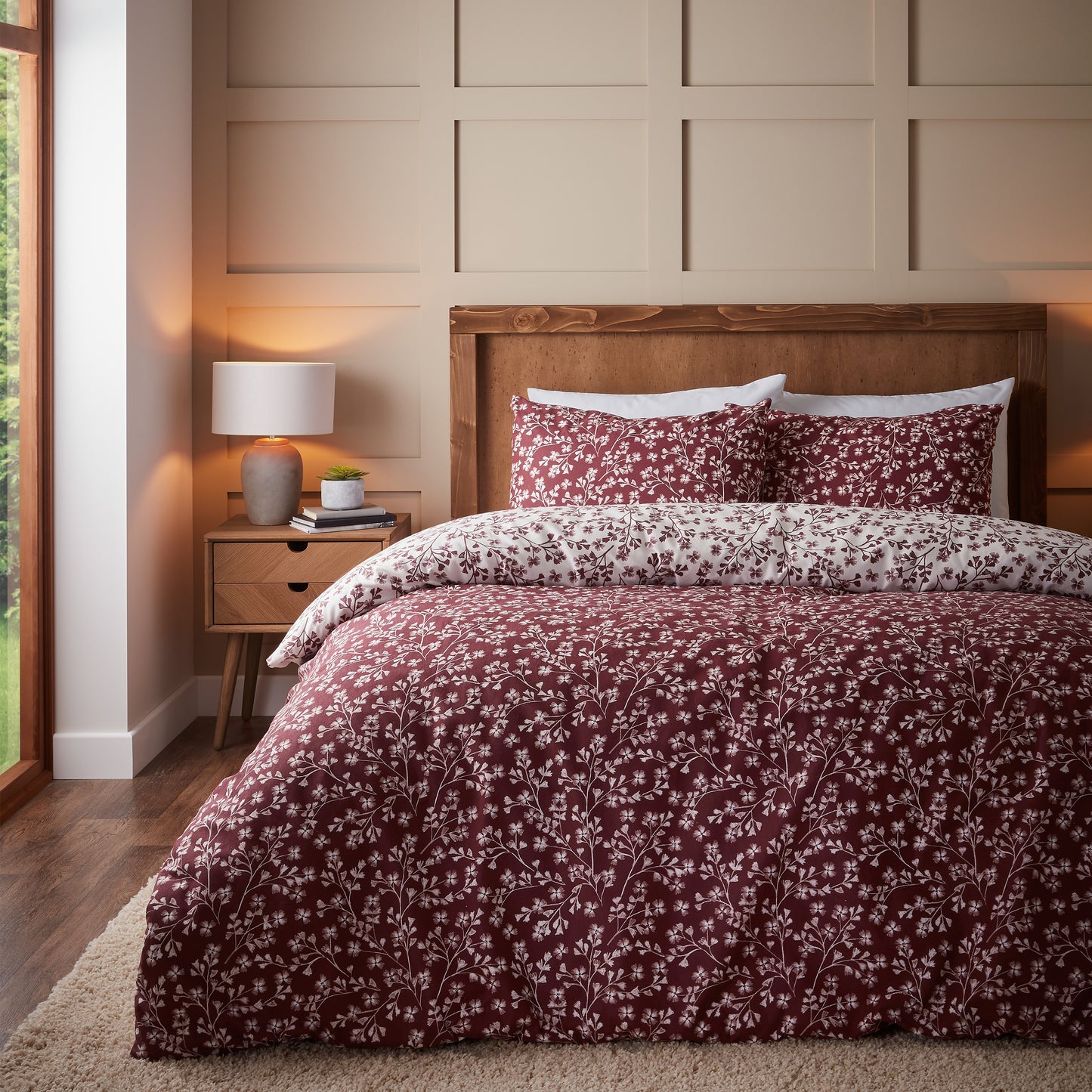 Brushed Grace Floral Leaf Cotton Reversible Duvet Cover Set in Red by Catherine Lansfield