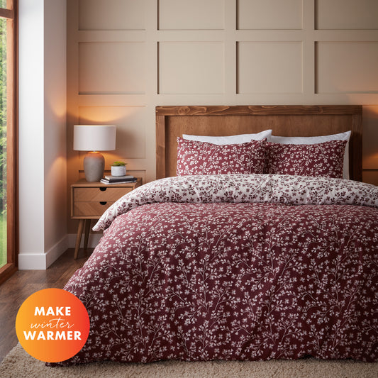 Brushed Grace Floral Leaf Cotton Reversible Duvet Cover Set in Red by Catherine Lansfield