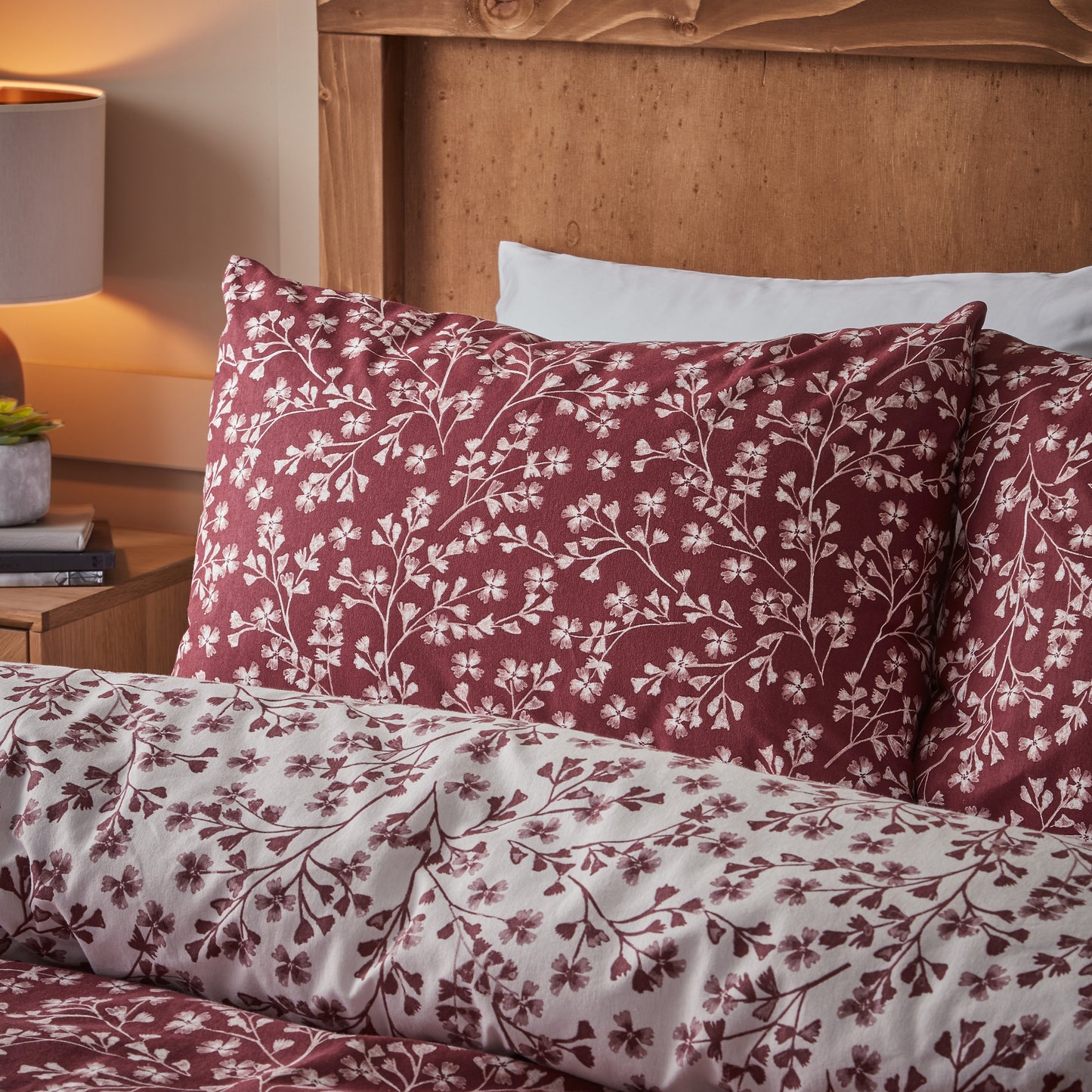 Brushed Grace Floral Leaf Cotton Reversible Duvet Cover Set in Red by Catherine Lansfield