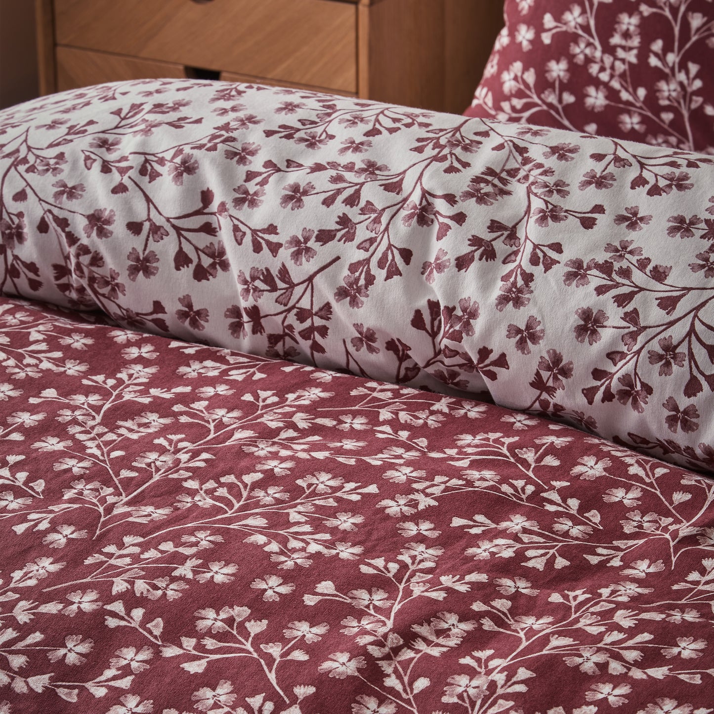 Brushed Grace Floral Leaf Cotton Reversible Duvet Cover Set in Red by Catherine Lansfield