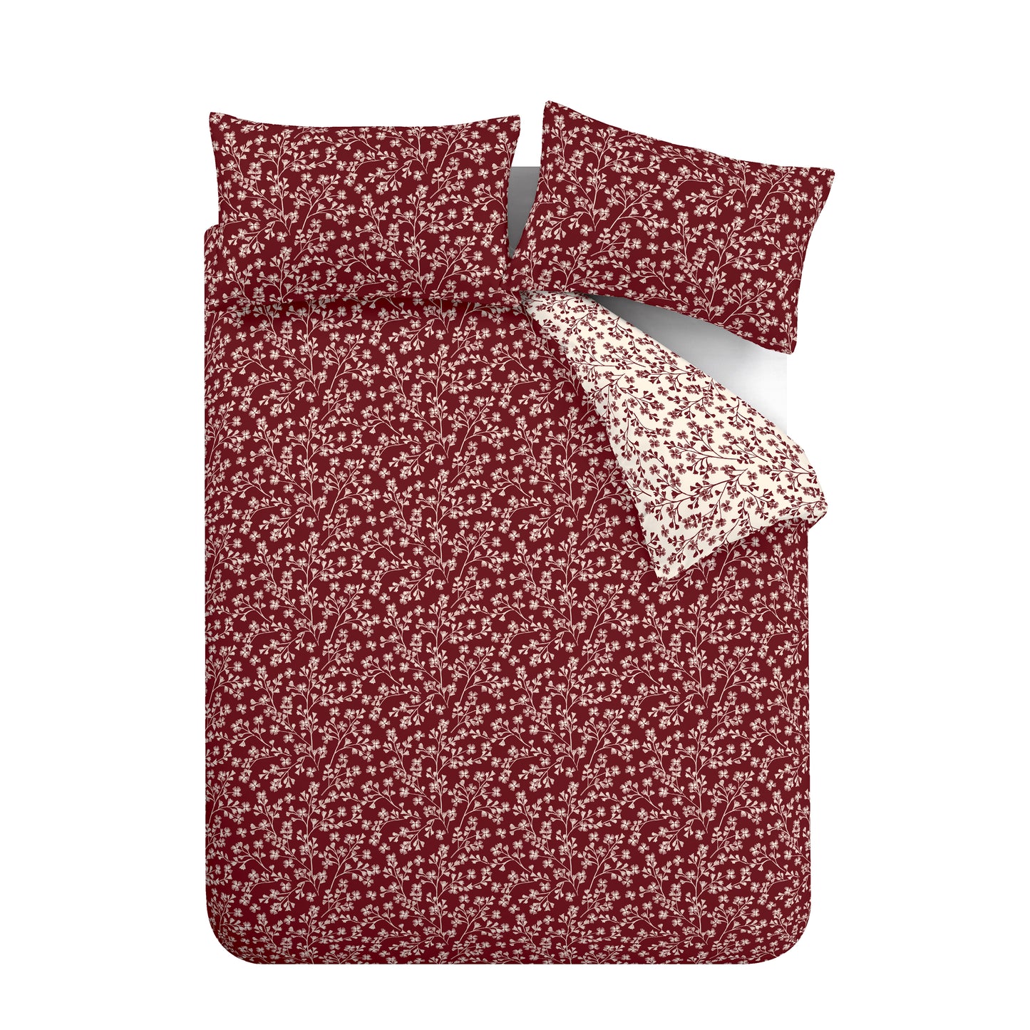 Brushed Grace Floral Leaf Cotton Reversible Duvet Cover Set in Red by Catherine Lansfield