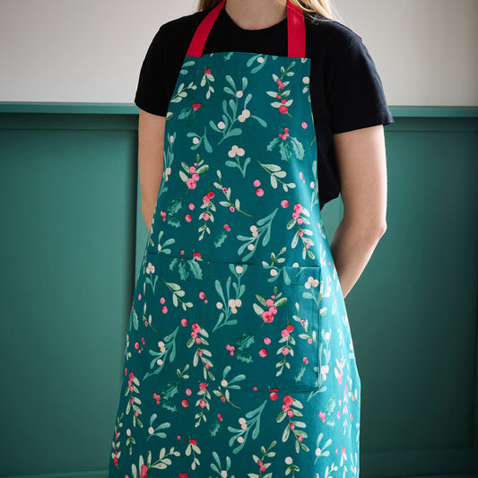 Christmas Holly and Mistletoe Cotton Kitchen Adult Apron Green by Catherine Lansfield