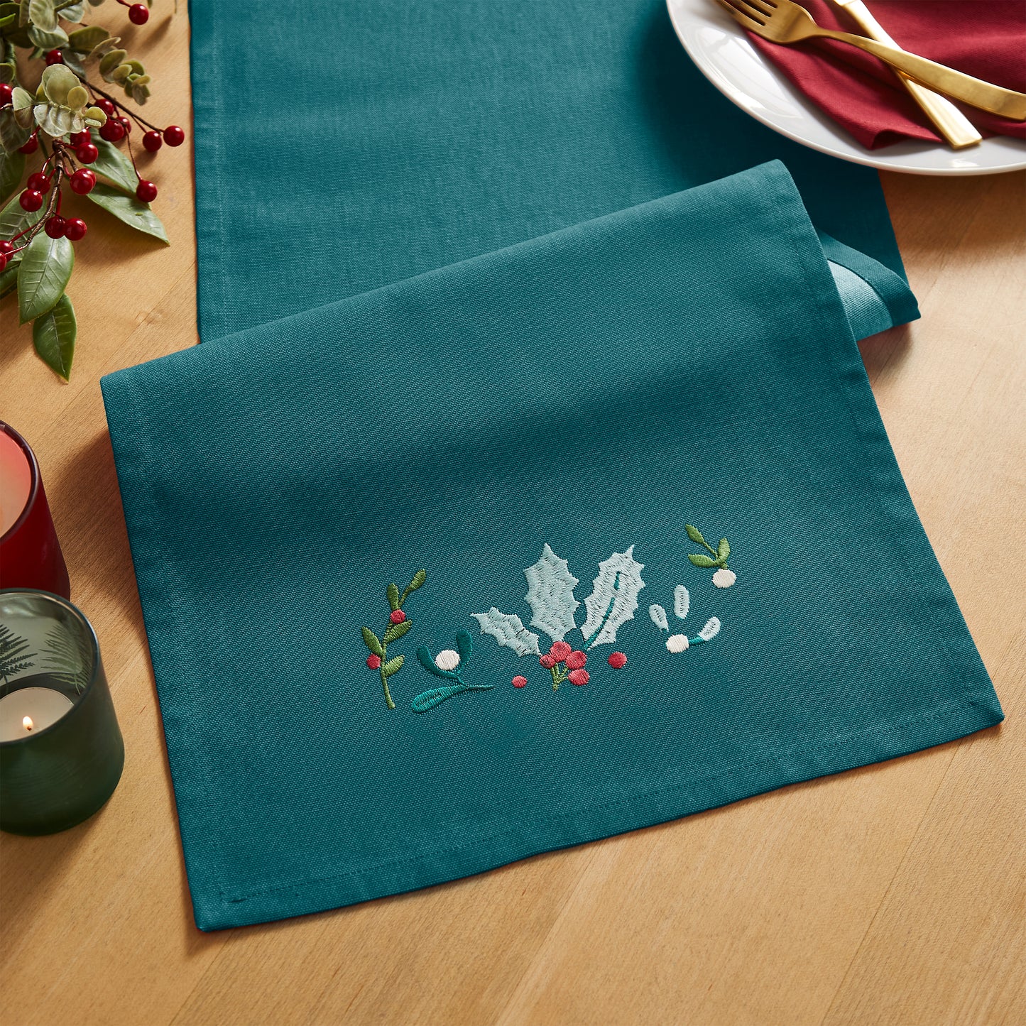 Christmas Holly and Mistletoe Embroidered Cotton Dining Table Runner Green