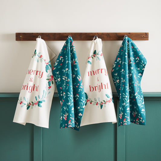 Christmas Holly and Mistletoe Cotton Kitchen Tea Towel Pack of 4 Green by Catherine Lansfield