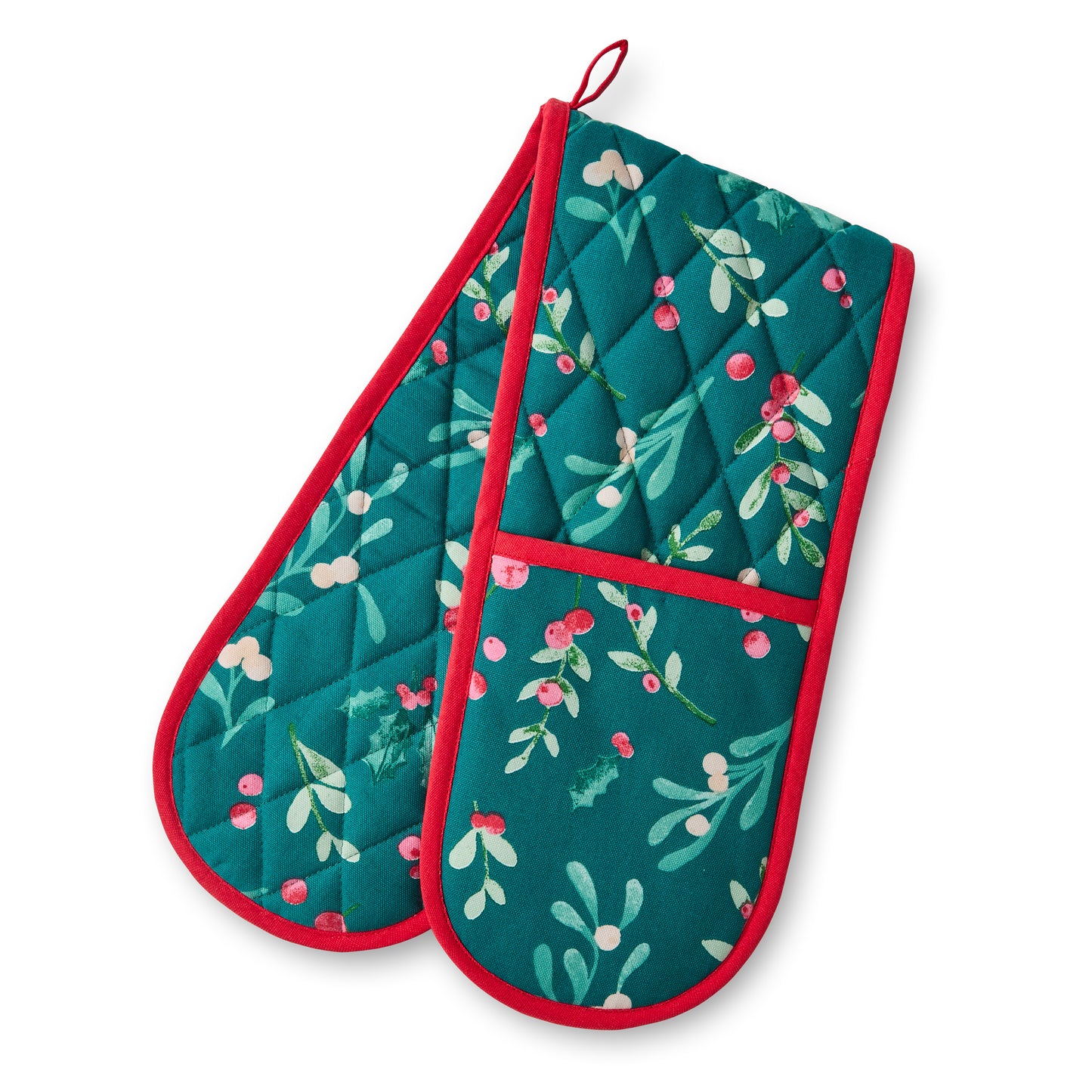 Christmas Holly and Mistletoe Cotton Kitchen Double Oven Glove Green by Catherine Lansfield